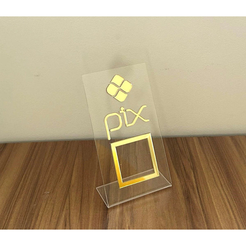 Placa Pix Pagamento QRCode De Mesa Balcão c/ Base - Acrílico 0 shopee Cristal c/ Dourado 