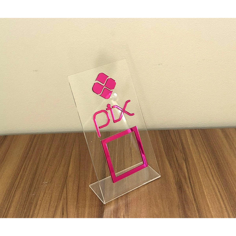Placa Pix Pagamento QRCode De Mesa Balcão c/ Base - Acrílico 0 shopee Cristal c/ Pink 