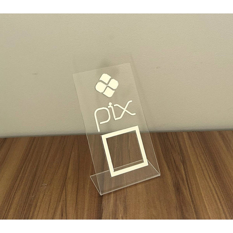 Placa Pix Pagamento QRCode De Mesa Balcão c/ Base - Acrílico 0 shopee Cristal c/ Prata 